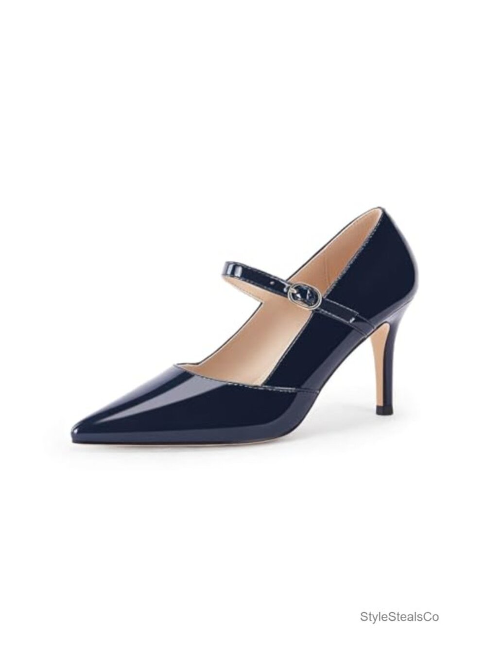Mary Jane Pumps Stiletto High Heels Pointed Toe Buckle Strap Patent Leather
